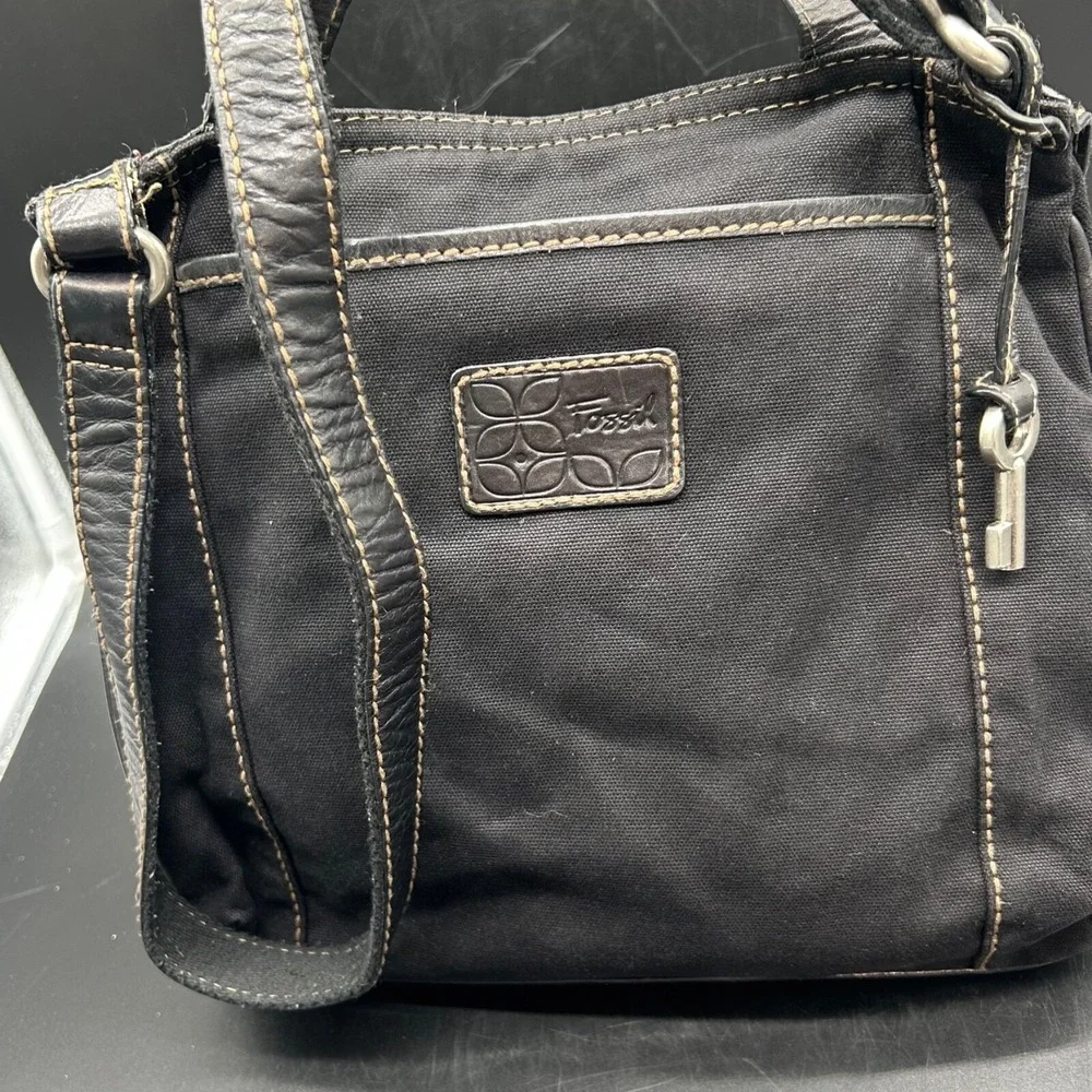 Fossil Vintage‎ Black Leather Canvas Crossbody Bag Messenger Tote